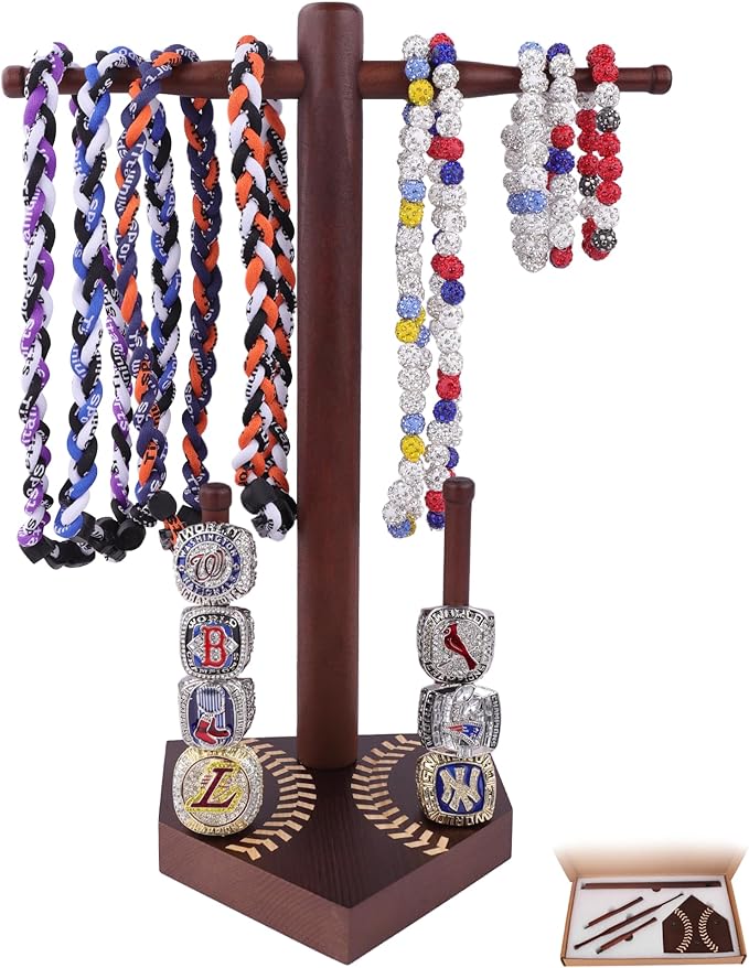 Baseball Ring Display Holder for Championship Rings & Necklaces, Wooden Sports Jewelry Organizer with Bat Stand for Baseball Softball Players, Athlete Gift Display Case for Rings Bracelets Medals