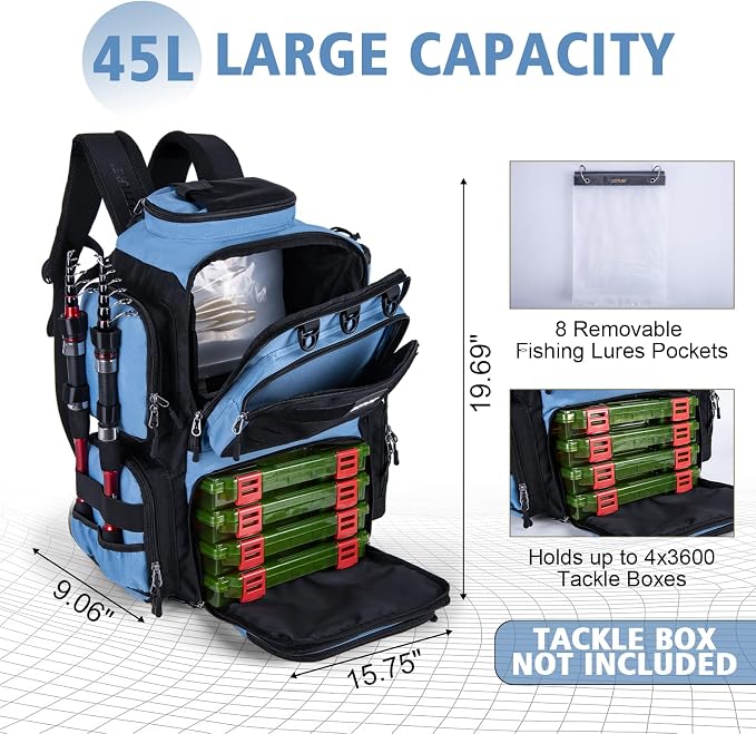 Goture Fishing Backpack,900D Water-Resistant Tackle Backpack with Rod Holders, SBS Zippers,45L Large Fishing Bag Storage Gear Tackle Bag with Rain Cover, Bottle Holder for Travel Camping Hiking