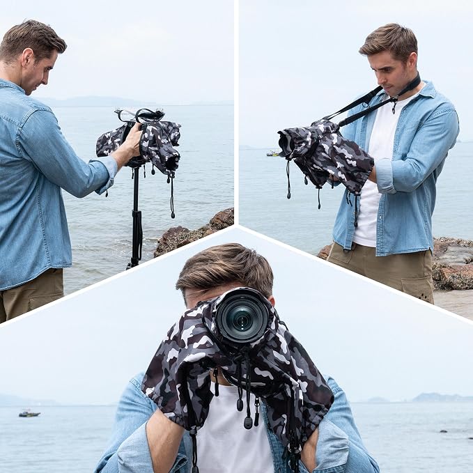JJC Camera Rain Cover Sleeve for Canon Nikon Sony Fujifilm Mirrorless Camera with Lens Below 7.1x5.5x9.1” (WxHxD), Nylon Camera Rain Coat Protector with Zippered See Through Windows-Camouflage Gray