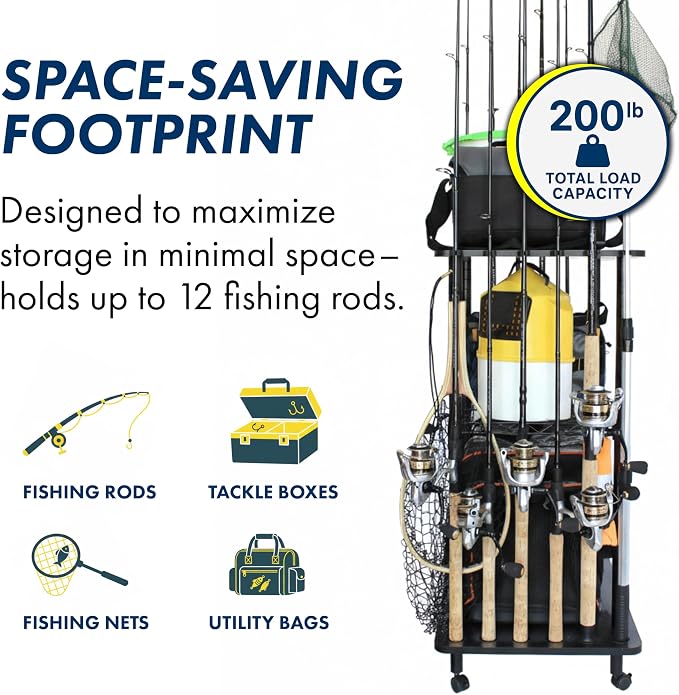 Rush Creek Creations 12 Fishing Rod Tackle Cart - 5 Minute Assembly, Black (40-0001)
