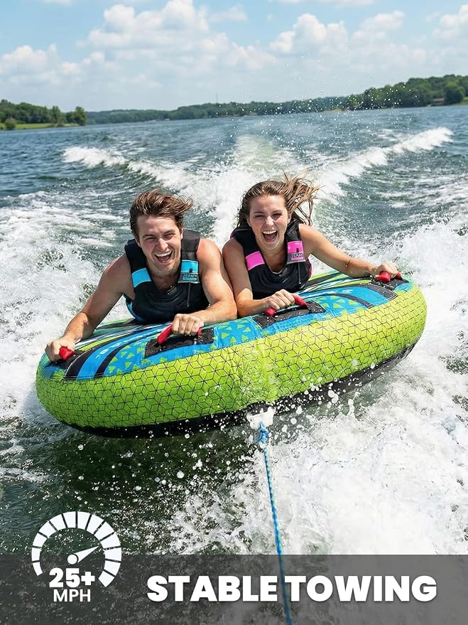 Zeraty Towable Tube for Boating 1-2 Riders, Heavy Duty Inflatable PVC Water Tube with 420D Nylon Cover & Reinforced Handles, Stable Deck Tube for Lake Ocean River, Towable for Water Sports Kids Adults
