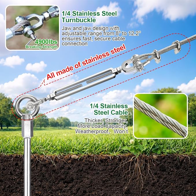 Ground Anchors Heavy Duty for High Wind Tie Down, 6 Pack 30" Shed Anchor Kit with1/4 Stainless Steel Cable & 6 Turnbuckles, Screw-in Trampoline Anchors for Swingset Carport Canopy Gazebo
