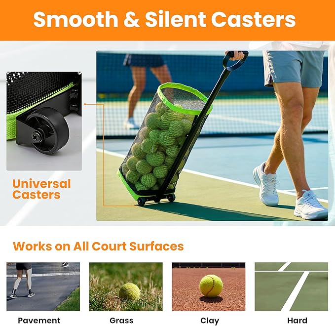 Tennis Ball Hopper with Telescopic Handle - Holds 50+ Tennis Balls or 40+ Pickleballs, Portable Tennis Ball Picker with Quiet Wheels，Built for Hard Courts & Daily Practice