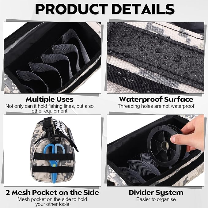 2 Pcs Fishing Line Management Bag Waterproof Nylon Fishing Line Storage Bag Transparent Window Removable Divider Leader Lines Spool Organization, Camouflage Khaki