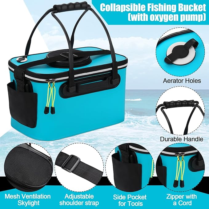 2 Pcs Fishing Bucket and Live Bait Aerator, Foldable Multi Functional Live Bucket Portable Quiet Aerator Outdoor Camping Fishing EVA Bag