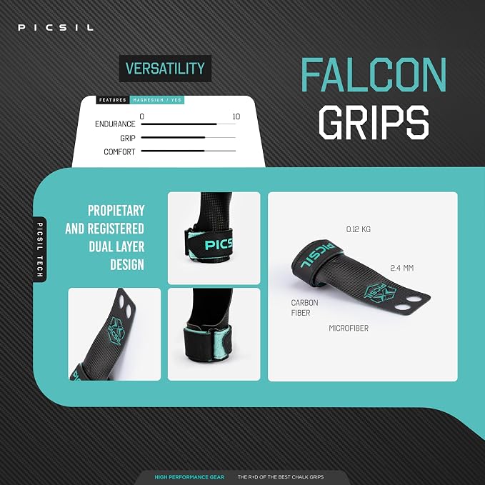 PICSIL | Falcon Grips | Grip All Surfaces and Bar Types | Use with Magnesium | Carbon Fibre Material | for Crosstrainig, WOD, Gym & Calisthenics |