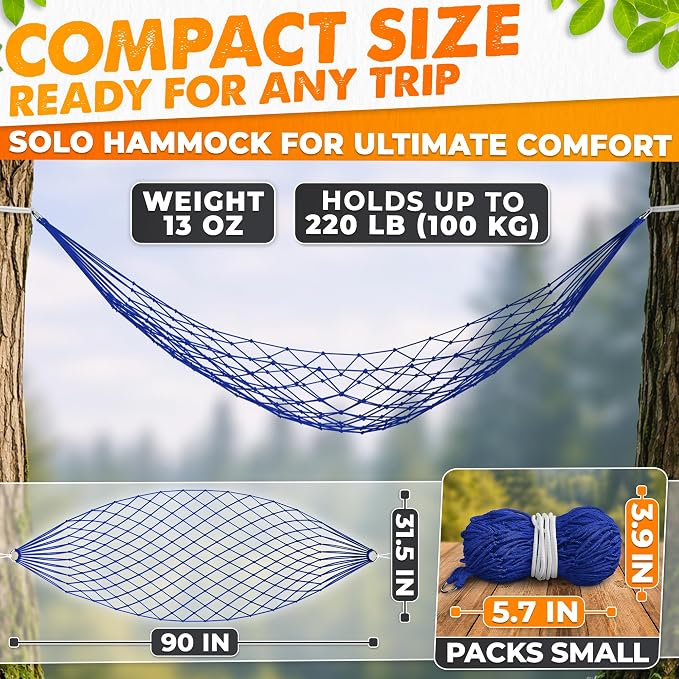 Mesh Hammock - Loop & Lounge Between Two Trees, Rope Hammocks for Outside Camping - No Stand Needed, 220 lb Capacity, Lightweight 13 oz Nylon Net Bed for Backyard Garden Patio Beach Travel, Blue