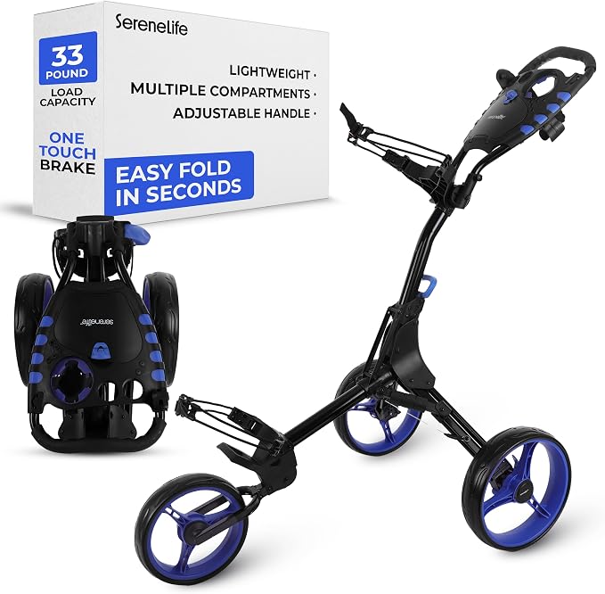 SereneLife Golf Push Cart 3 Wheel, Ultra Lightweight Aluminum Foldable Cart with Adjustable Handle, Quick-Fold, New-Version Scorecard, Phone/Cup/Umbrella Holders, Cooler Storage | Comfortable to push all day — adjustable handle fits any height