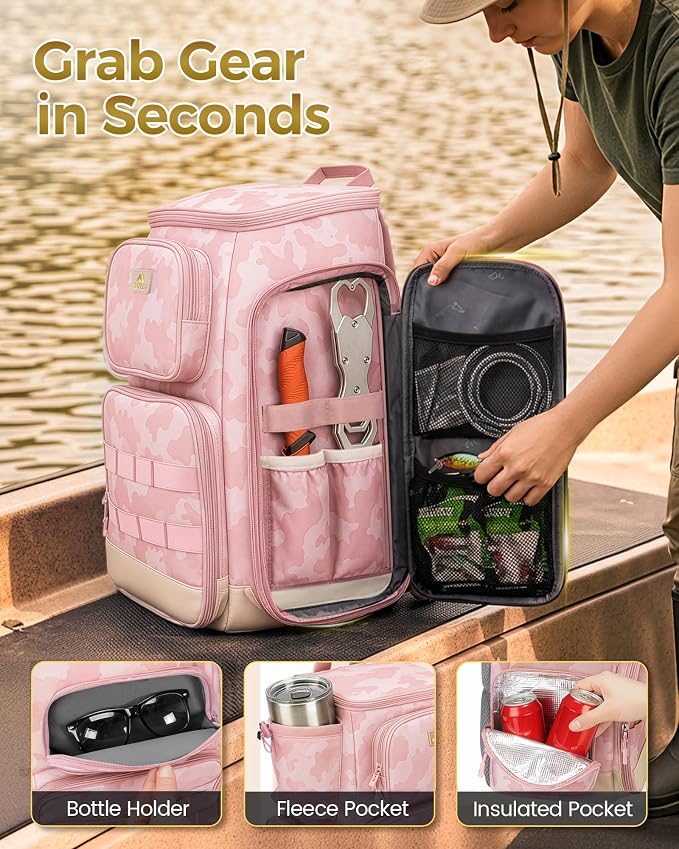 MATEIN Pro Fishing Backpack with 4 Tackle Boxes, 3600 Tackle Box Backpack | Fishing Bag with Rod Holder, Tackle Backpack with Large Side Gear Storage & Insulated Cooler Compartment, Fishing Gifts