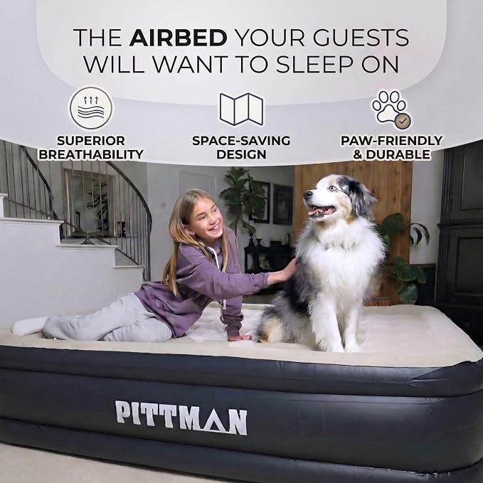 Pittman Outdoors Queen Air Mattress – 18” Black Double High, Queen Air Mattress with Built in Pump, 600lb Capacity, Portable Inflatable Bed with Carry Bag, Blow Up Mattress for Guests, Home & Travel