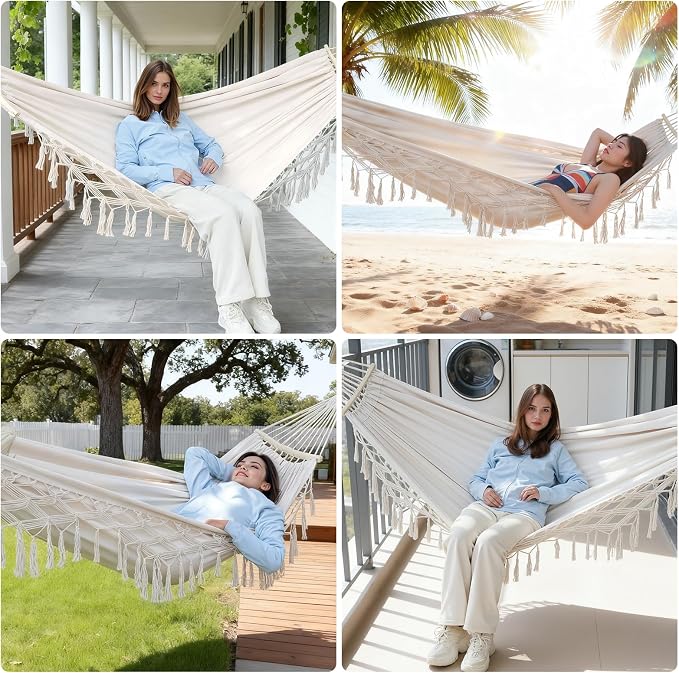 Portable Double Hammock, Hanging Hammock with Tassels and Fishtail Knitting, 550LB Capacity, 320GSM Hanging Bed with Set Full Accessories for Outdoor Camping Patio Balcony Beige