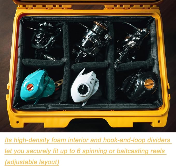 Fishing Reels Storage Case 13 Inches,Heavy Duty Waterproof Fishing Wheel Protective Hard Case, Tackle Collection Holder Box, 6pcs Adjustable Shockproof Dividers (Green)