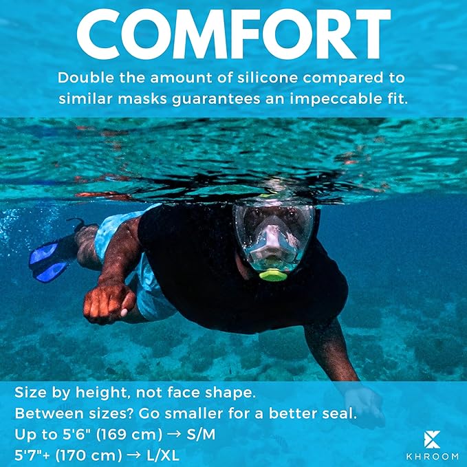 Khroom Full Face Snorkel Mask Adults | CO2-Safe Snorkeling Mask for Adults | 3X Larger Air Intake for Easy Breathing | Anti-Fog 180° View | Adult Snorkel Mask for Men & Women