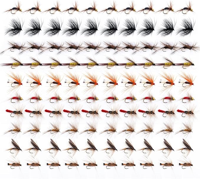 Goture Fly Fishing Flies Kit,25pcs/30pcs/100pcs Fly Fishing Lures,Dry Flies Wet Flies Streamers Nymphs Flies, Fly Fishing Assortment Kit for Bass Trout Salmon Fishing
