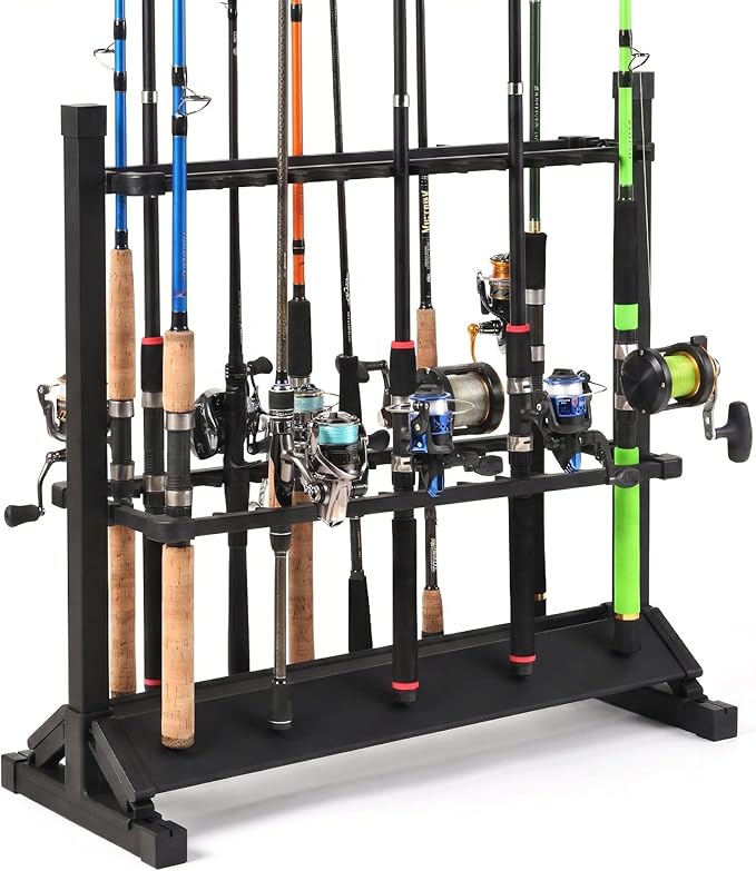 24-Rod Aluminum Fishing Rod/Pole Holder, Rustproof Fishing Rod Rack with 360° Lockable Wheels, Multi-Functional Storage Organizer for Garage & Home, Fits Most Rods & Golf Clubs (Black)