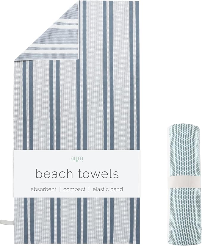 S&T INC. Aura Beach Towel 2 Pack, Quick-Dry Pool Towels with Elastic Band for Travel, Gym, and Yoga, Sand Resistant, 35 inches x 70 inches, Stripes