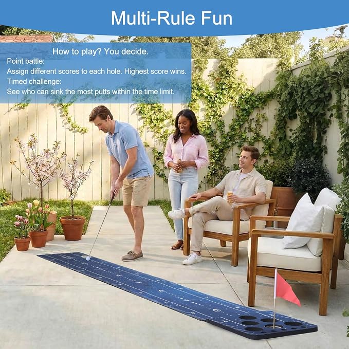 Chriiena Golf Putting Game Mat, Indoor Putting Green Set for Party Game | With 2 Balls, 1 Flag & Cup, Portable Pong Game Mat, Golf Games for Adults, For Backyard, Office, Party Use