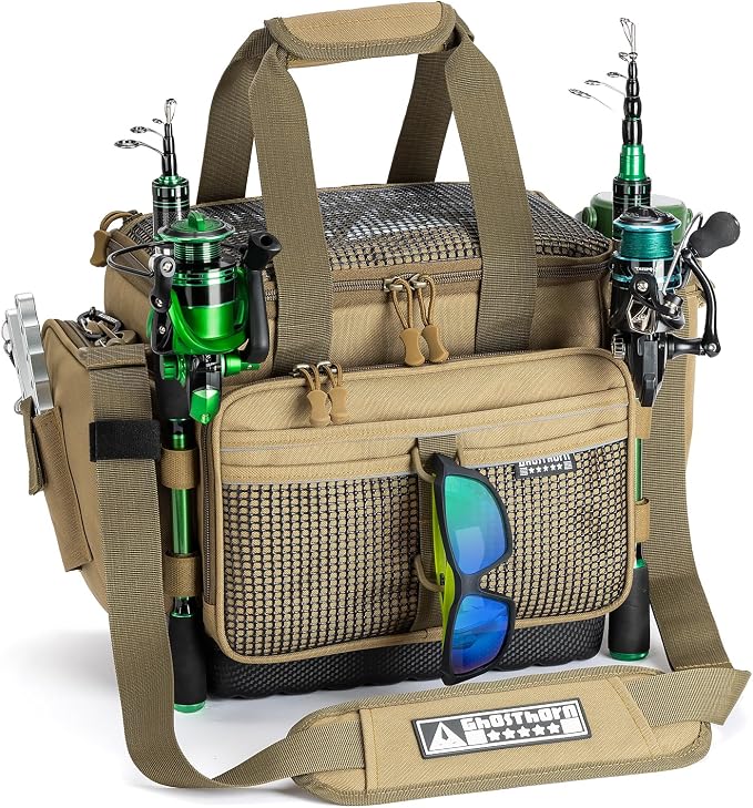 Ghosthorn Fishing Tackle Bag with Rod Holder Saltwater & Freshwater Resistant Tackle Box Bag - Waterproof Base, Adjustable Padded Shoulder Strap (Khaki)