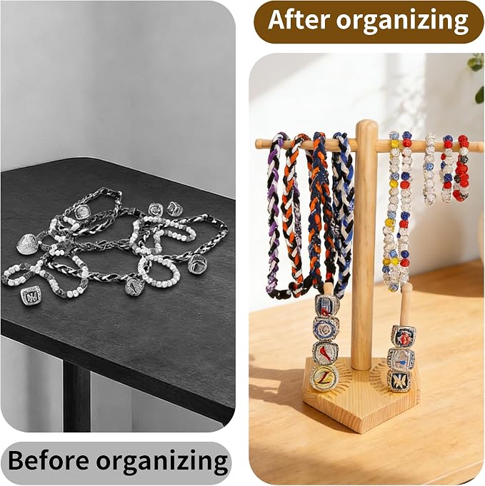 Baseball Ring Display Holder for Championship Rings, Wooden Sports Jewelry Organizer with Bat Stand for Baseball Softball Players, Athlete Gift Display Case for Rings Bracelets Medals, wood color