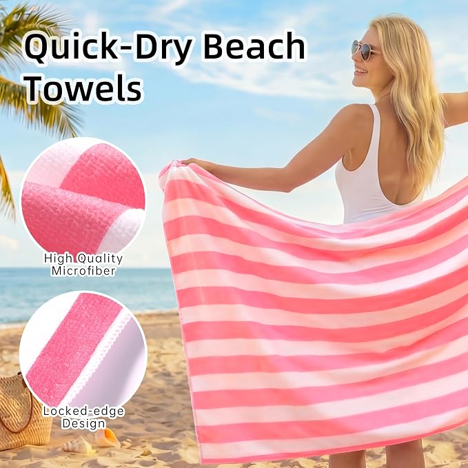 JOYMOOP 3-Pack Microfiber Beach Towel Set – 70" x 35.4" Ultra-Absorbent Beach Towels Oversized, Sand-Free & Portable, Quick-Dry Cabana Stripe Towels with Travel Storage Bags (Pink & White)