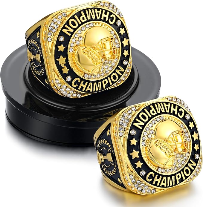 Highergo 1 PC Champion Mvp Rings Baseball Soccer Basketball Volleyball Football Softball Trophy Ring with Display Stand and Neck Chain Size 11 for Winner Tournament Award Gift(Baseball)