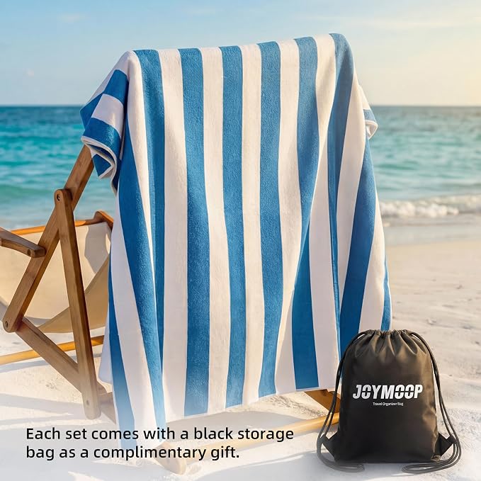 JOYMOOP 3-Pack Microfiber Beach Towel Set – 70" x 35.4" Ultra-Absorbent Beach Towels Oversized, Sand-Free & Portable, Quick-Dry Cabana Stripe Towels with Travel Storage Bags (Blue & White)