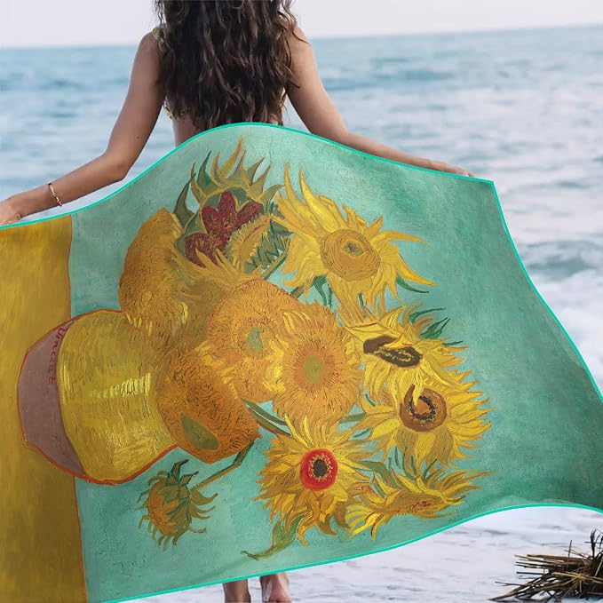 Large Oversized Microfiber Beach Towel - 40x63 Inches, Sand-Free, Quick-Drying, Ultra-Soft, Ideal for Travel, Pool, Yoga, and Camping - Includes Matching Drawstring Travel Pouch, van Gogh Sunflowers