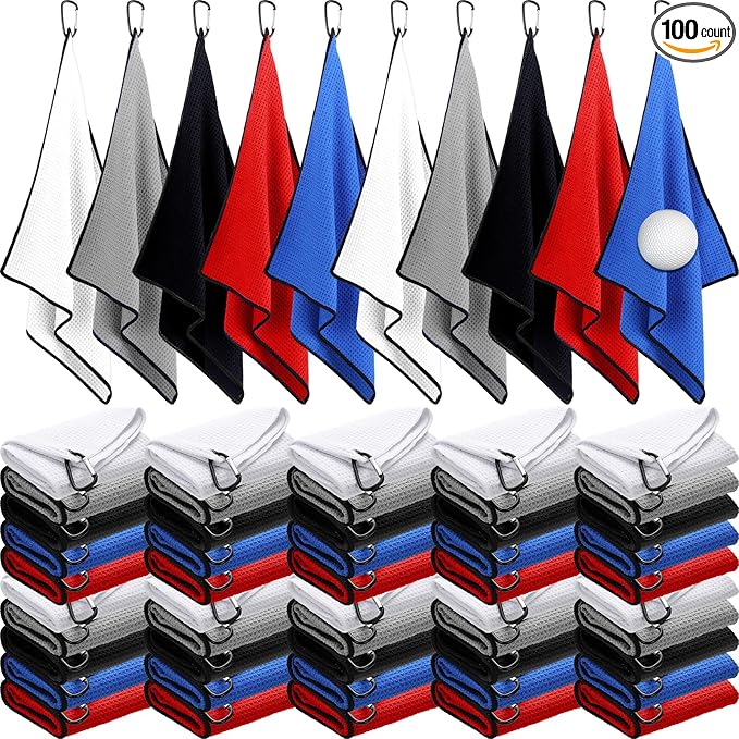 Batiyeer Golf Towels Bulk for Bags 16'' x 24'' Microfiber Waffle Pattern Golf Towels Trifold with Clip for Hiking,Tournament, Yoga