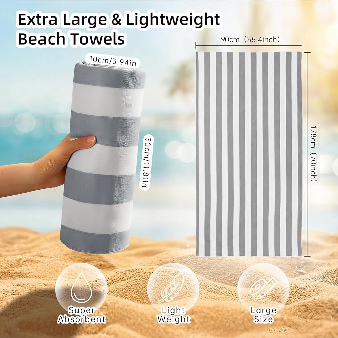 JOYMOOP 3-Pack Microfiber Beach Towel Set – 70" x 35.4" Ultra-Absorbent Beach Towels Oversized, Sand-Free & Portable, Quick-Dry Cabana Stripe Towels with Travel Storage Bags (Grey & White)