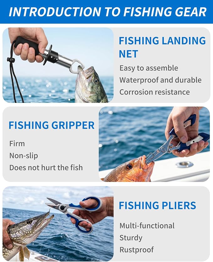 Fishing Tool Kit - 112pcs Fishing Gear & Equipment, Fish Pliers, Hook Remover, Scale, Scissors, Lip Gripper, Lures