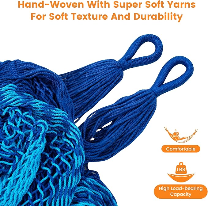 Lazy Daze Hammocks Handwoven XL Mayan Hammock, 10.5 FT Soft Rope Double Hammocks, Portable Outdoor Hammock with Carry Bag, 2 Straps & Carabiners for Patio Outside, 550 lbs Capacity, Blue/Dark Blue