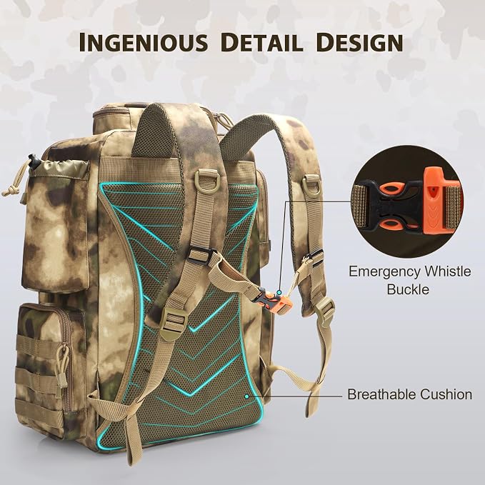 Fishing Backpack, Fishing Tackle Backpack with Rod Holders for 4 Boxes (Box Not Included) 45L Waterproof Fishing Gear, Ideal for Men and Women Large Tackle Box Bag (Sahara Khaki Camo)