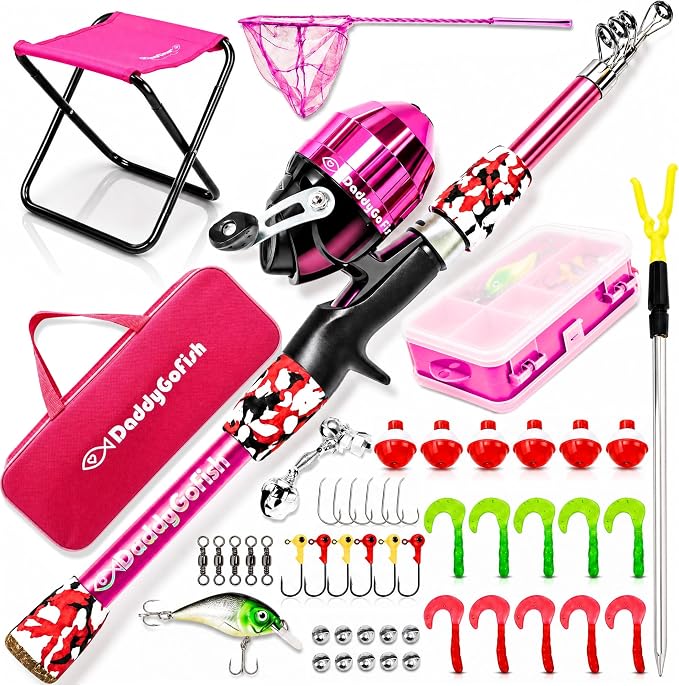 DaddyGoFish Kids Fishing Pole - Rod Reel Combo Tackle Box Starter Set - First Year Small Dock Gear Kit for Boys Girls Toddler Youth Age Beginner Little Children Junior Anglers
