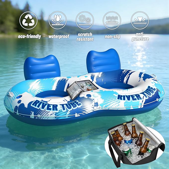 JOSEN Inflatable River Tube Float - 2 Person Heavy Duty River Float, Pool Floats Adult, Lake River Floats Water Tubes for Floating with Removable Cooler & Cupholders for Summer Relaxation
