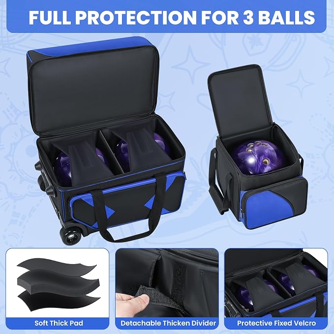 3 Ball Bowling Bag with Wheels, Rolling Bowling Bag 3 Ball Roller with Multi-pocket & Shoe Compartment (Up To US Men Size 16), 2 Ball Bowling Roller Bag PLUS 1 Ball Tote