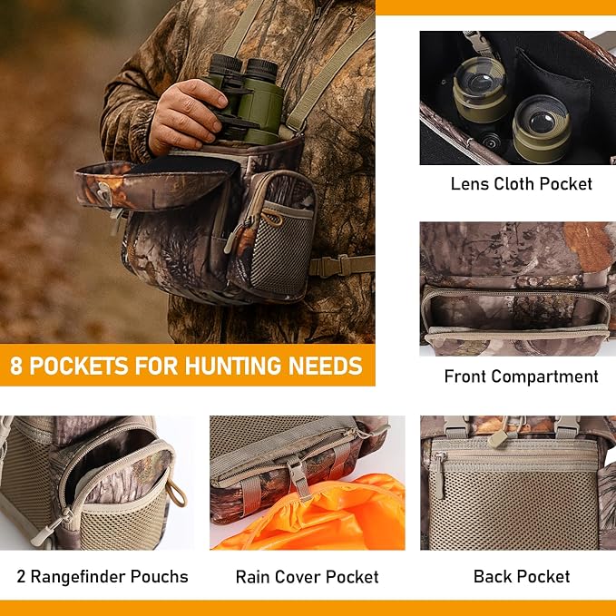 NEW VIEW Silent Hunting Binocular Harness Chest Pack with Rangefinder Pouch & Rain Cover, Stealth Bino Harness for Hunting, Fits Most Binoculars up to 10×56