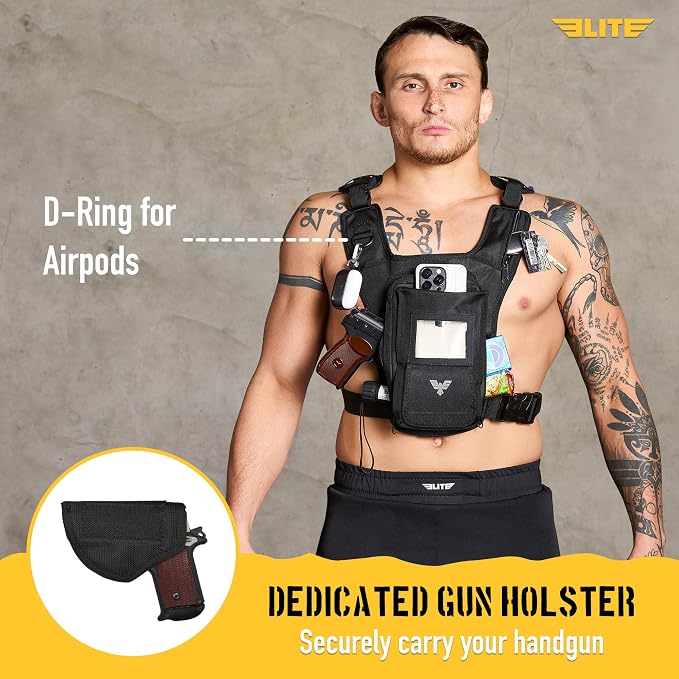 Elite Sports Running Vest w/Phone Holder, Gun Holster for Men/Women, Reflective Lightweight Chest Pack w/Touch Friendly Phone Sleeve, Camera Pocket - Chest Rig for Hiking, Trail, Marathon, Camping