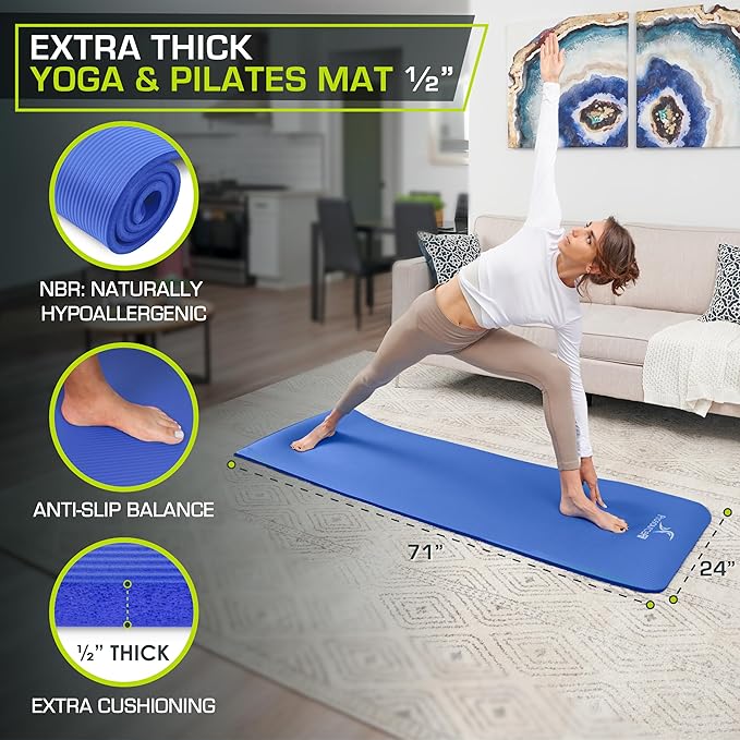 ProsourceFit Extra Thick Yoga and Pilates Mat 1/2” (13mm) or 1" (25mm), 71-inch Long High Density Exercise Mat with Comfort Foam and Carrying Strap