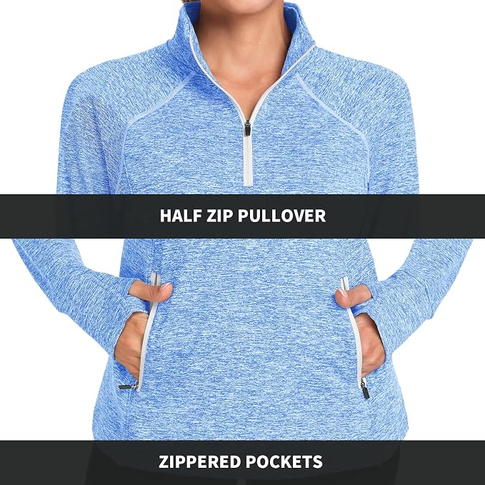 Soneven Women's Thermal Fleece Running Shirts Warm Winter Pullover Cold Weather Workout Hiking Tops with Thumb Holes Pockets