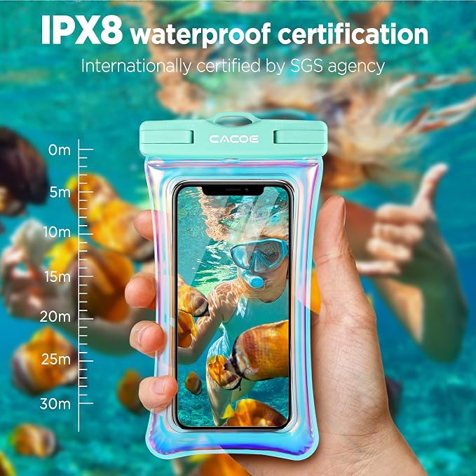 CACOE Universal Waterproof Phone Case 2 Pcs-Up to 7.0",Phone Pouch with Adjustable Neck Lanyard,IPX8 Cellphone Dry Bags for Beach Pool Swimming (Iridescence, Up to 7.0"-Floatable)