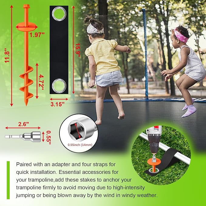 Eurmax USA 4 Pack Universal Ground Anchors High Wind, Heavy Duty Screw-in Trampoline Stakes with 4 Straps, Upgraded Commercial Anchor Kit for Outdoor Sheds, Swing Sets & Mobile Homes (Orange)