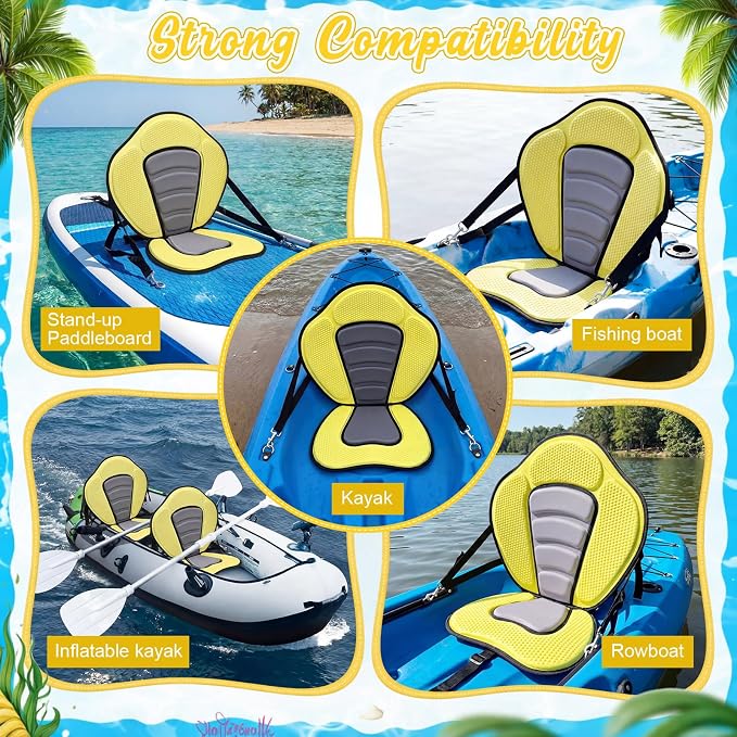 Vinsot Kayak Seat Cushion Universal Paddle Board Seat with Back Support Adjustable Non Slip Boat Chair Seats with 4 Straps and Storage Bag for Kayak Boat Sup Canoe
