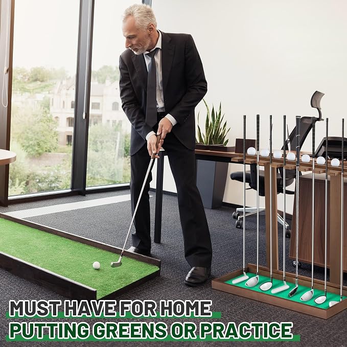 Blosssound Golf Putter Stand for 8 Clubs & 12 Balls Wooden Golf Club Holder Golfs Rack Display Organizer Storage with Artificial Grass Mat for Sports Indoor Home Garage Accessories