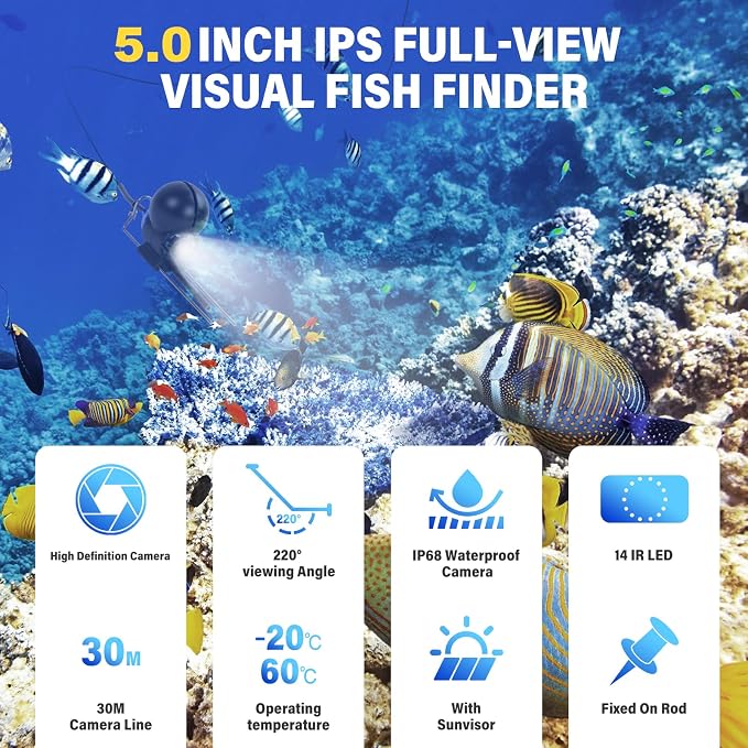 5inch Portable Fish Finder Camera Underwater Fishing Camera, 220° Wide Angle Infrared Night Vision, Host IP65 Waterproof Ice Fishing Camera for Ice, Lake and Boat (B)