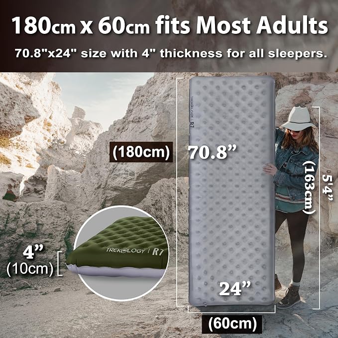 TREKOLOGY Sleeping Pad for Camping– Ultra-Lightweight, 4" Thick Camping Mat with 7.2 R-Value for All Seasons (Green)