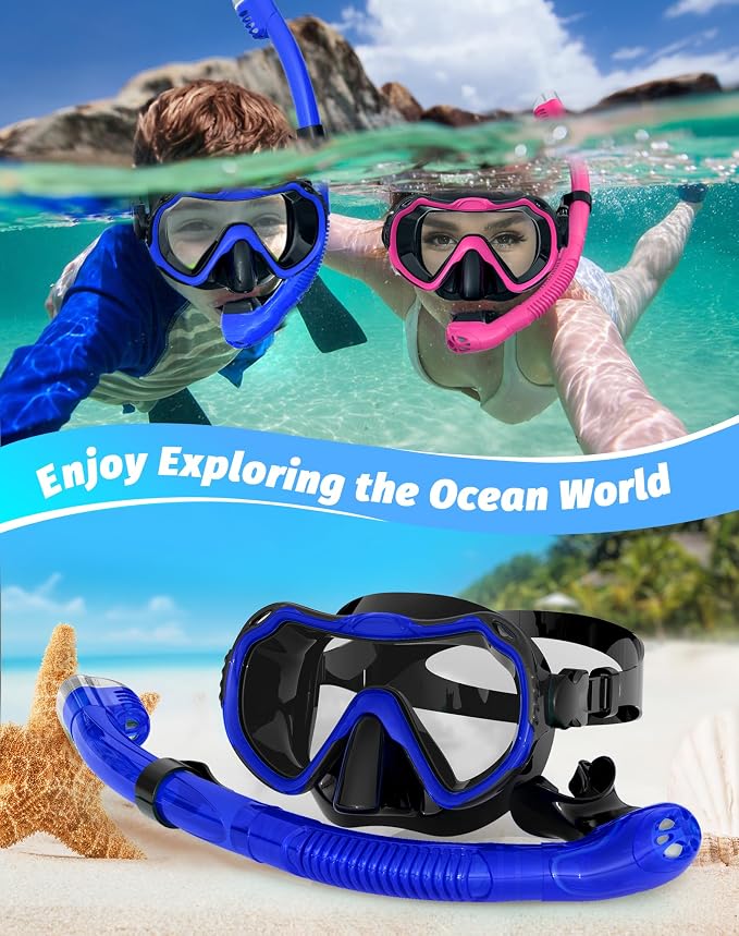 Snorkeling Gear for Adults, Snorkel Mask Set 180° Panoramic View Snorkel Gear, 100% Food-Grade Silicone Anti-Fog Anti-Leak Dry Top Diving Mask for Snorkeling Swimming Scuba Diving