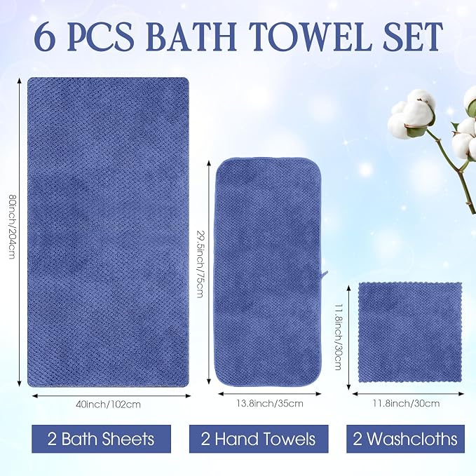 Peryiter Oversized Bath Towels Set of 6 for Adults 40x80 Inches Extra Large Bath Towel Sets Bathroom Sheets Jumbo Shower Towels Quick Dry Absorbent Soft Microfiber for Adults (Dark Blue)