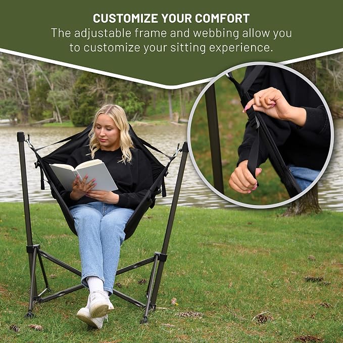 Timber Ridge Portable Hammock Camping Chair, Padded Folding Swing Hammock Chair with Stand, Heavy Duty Hammock Camp Chair with Carry Bag for Outdoor Beach Patio, Supports 300lbs, Black