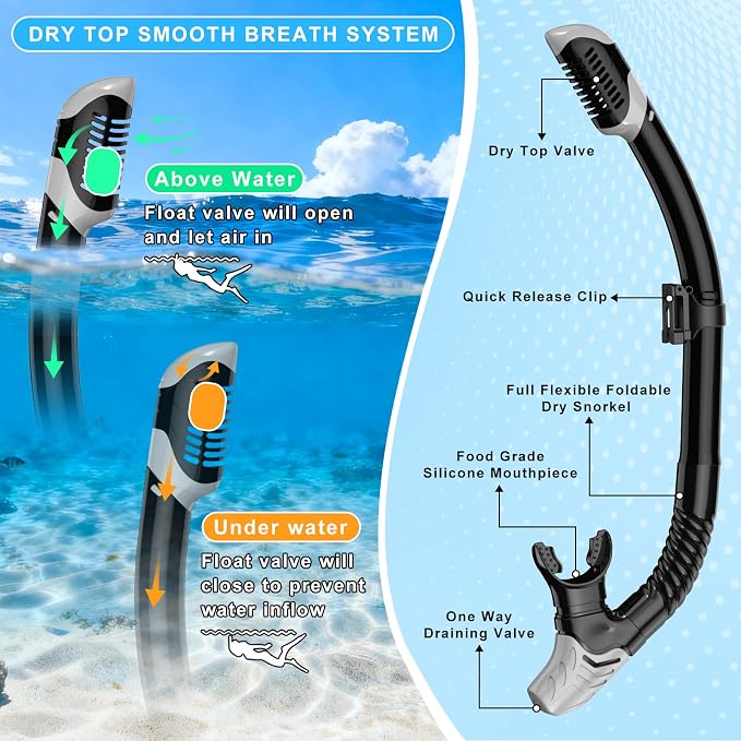 Snorkeling Gear for Adults, Mask Fin Snorkel Set, Dry Top Snorkel Mask, Panoramic View Anti-Leak Anti-Fog 3 in 1 Snorkeling Kit Travel Diving Package with Storage Bag