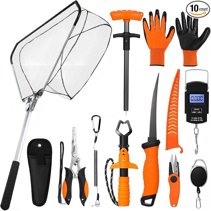 RoundFunny 10 Pcs Fishing Tool Kit, Fishing Pliers with Lanyard and Protective Sheaths, Landing Net, Fillet Knife, Fish Scale, Gripper, Hook Remover, Braid Scissors, Gloves for Men Dad Gift